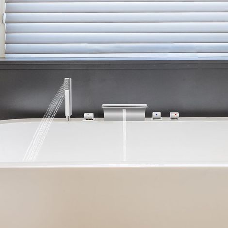 Robinet de baignoire avec douchette à main, bord de baignoire, robinet 5 trous, robinet cascade pour douche et baignoire (1/5)