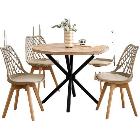 Juego de comedor, 4 sillas, mesa redonda, color beige. (1/2)