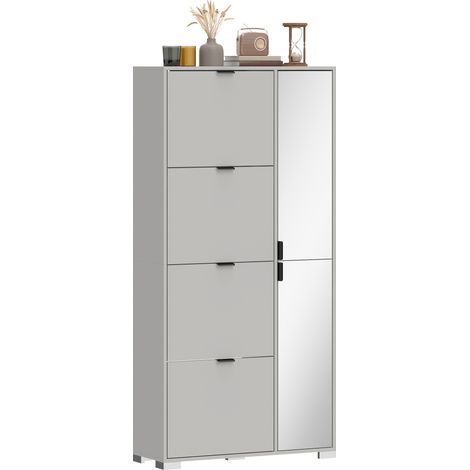 Meuble à chaussures avec miroir, 4 tiroirs à abattants, meuble à chaussures d'entrée, gris (1/3)