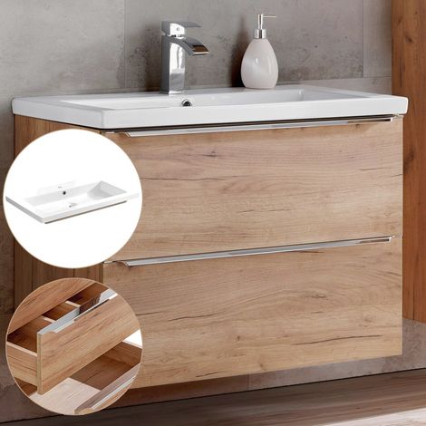 Waschtisch-Unterschrank 80cm mit Keramik-Waschbecken TOSKANA-56 in Wotaneiche, B/H/T ca. 81/61/46cm (1/5)