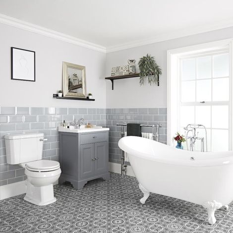 Milano Thornton Light Grey Bathroom Suite with Freestanding Double Ended Slipper Bath and Feet  630mm Vanity Unit and Close Coupled Toilet WC - White Ball & Claw Feet (1/5)