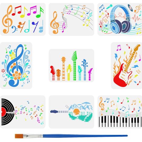 9Pcs Pochoir de Notes de Musique Avec Un Pinceau 29.7X21cm Casque de Guitare Piano Disque Vinyle Clé de Sol Modèle de Dessin Pochoir de Thème Musical pour Meubles Muraux Bois (1/5)