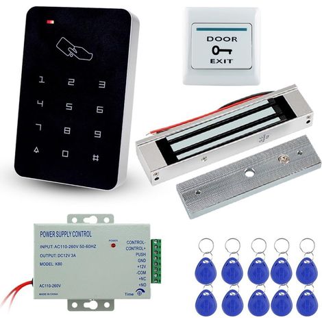 Kit de système de contrôle d'accès de Porte avec 180kg/350lbs Serrure magnétique électrique, Alimentation DC12V / 3A Bouton de Sortie, 10pcs RFID EM ID Porte-clés