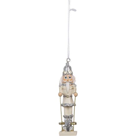 Suspension Casse-Noisette de Noël Décoration en Plastique Argenté et Beige sur Skis 10 cm - PANGIVO (1/4)