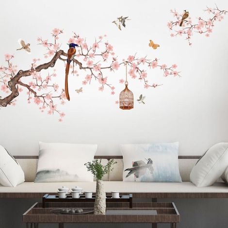 Ein Set Wandaufkleber mit einem Blumenzweig- und Vogelkäfigmotiv, Wandaufkleber für Fenster und Wände, Wanddekorationen für Wohnzimmer, Schlafzimmer, Büro und Küche.