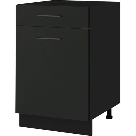 Meuble bas de cuisine Lovia Noir Mat 1 porte 1 tiroir L 60 cm -  Porte avec poignée apparente Coulisses tiroir sans amortisseur Black (1/3)