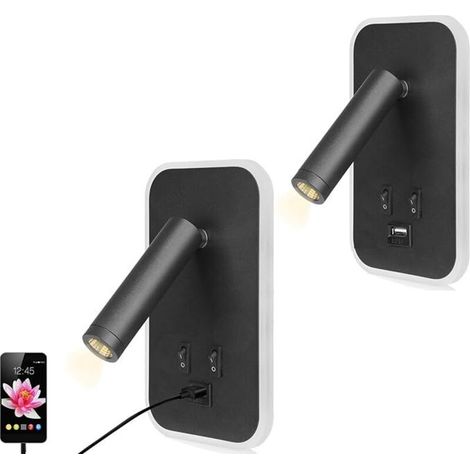 Applique murale LED 2 unités – interrupteur intégré, port USB, intensité réglable, lumière chaude 13 W, couleur noir