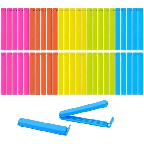 60 pinces pour sacs alimentaires, pinces de 11 cm de long avec fermeture, en plastique réutilisable, de couleurs variées, pour bonbons, noix, céréales du petit-déjeuner, en-cas. (1/5)
