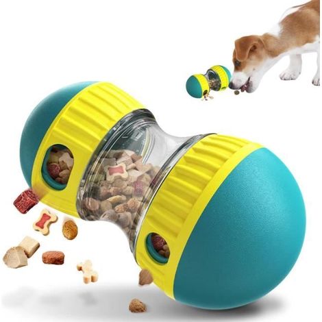 Jouet interactif pour chien - distributeur de croquettes réglable jaune et bleu (1/4)