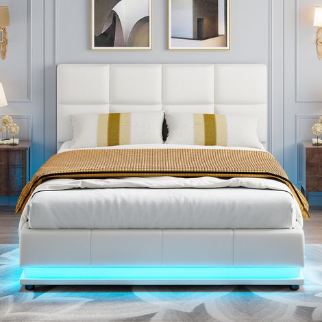 Lit coffre double adulte 140x190 cm avec rangement hydraulique, tête de lit réglable avec LED, similicuir blanc