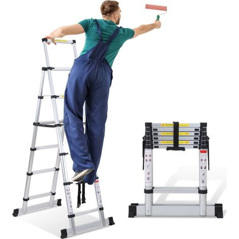 SWANEW Teleskopleiter Ausziehleiter Klappleiter Stabil Aluminium Stehleiter bis 150kg 1.7m+2.0m Mit Waagebalken (1/5)