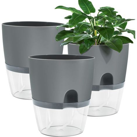 3 pots de fleurs -Double couche transparente hydroponique - Gris moyen (1/5)