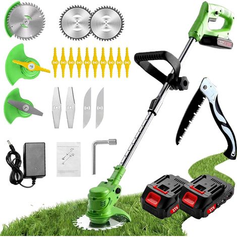 Débroussailleuse à batterie, débroussailleuse électrique avec lame, coupe-bordure batterie avec 2 batteries lithium de 21 V, longueur réglable, convient pour les pelouses et jardins de petite et moyen (1/5)
