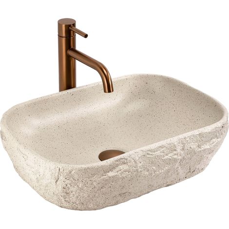 REA – Vasque à poser beige clair effet pierre – Surface lisse pour nettoyage facile – Taille moyenne pour confort – Design moderne et élégant