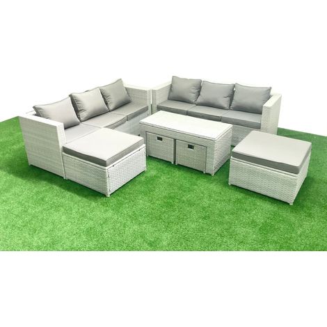Fimous Rattan Garden Furniture Set Outdoor Lounger Sofa with Coffee Table 4 Footstools Light Grey Mixed 10 Seater (1/5)