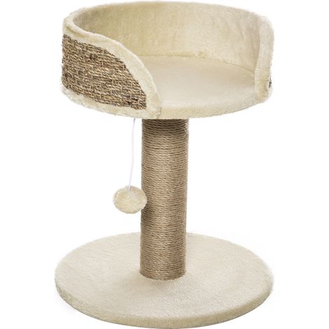 Arbre à chat grimpant griffoir design jeu avec pompon suspendu plateforme peluche 40x40x49 cm sisal beige (1/5)