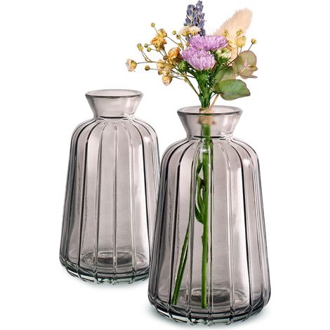 Set mit 3 kleinen, grauen Vintage-Glasvasen, abwaschbar, perfekt für Hochzeitstische