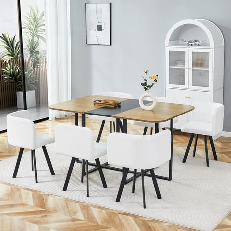 Conjunto de mesa de comedor extensible para 4-6 personas con 6 sillas ajustables, de MDF y metal, ideal para la cocina o el salón (1/5)