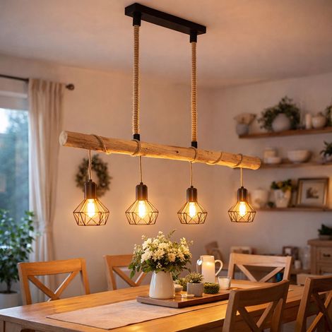 LED Hängelampe Holzbalken natur Pendelleuchte Käfig schwarz Hängeleuchte Holz, schwarz, 4x E27 Fassungen, 7W 806Lm 2700K warmweiß, LxBxH 100x13,3x120 cm