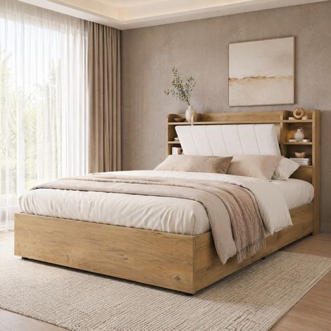 Cama hidráulica con almacenamiento, fabricada en MDF efecto madera, de 180x200 cm, con cabecero con espacio de almacenamiento y puertos USB/USB-C. (1/5)