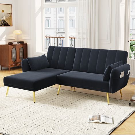 Ecksofa 191.5x130.5x80 cm schwarz Samt mit Schlaffunktion und verstellbarer Rückenlehne (1/5)