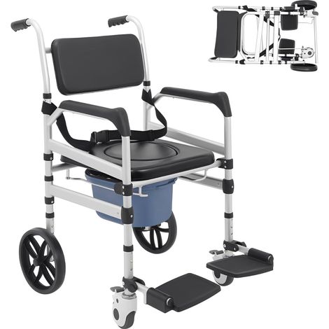 Chaise percée pour personnes âgées, chaise de douche, pliable, stable, avec roulettes et ceinture de sécurité, hauteur réglable, capacité de charge 150 kg pour malades, personnes âgées, handicapées (1/5)
