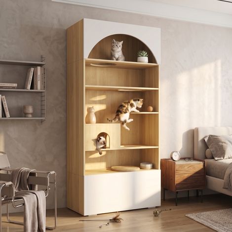 Armoire haute 200 cm pour chat avec espace escalade intégré, meuble avec grotte, plateformes de repos et rangement, Blanc bois (1/5)
