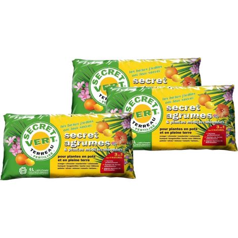 Lot de 3 terreaux pour agrumes et plantes méditerranéennes 6L – Composition : terreau professionnel, fumier, algues marines – Poids 1,8kg – Secret Vert