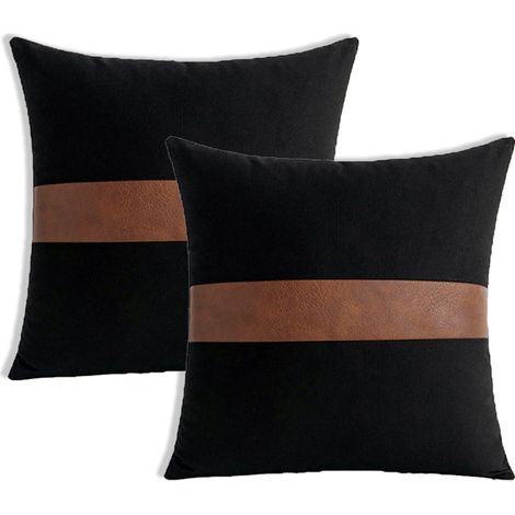 Lot de 2 housses de coussin carrées en patchwork de coton noir et similicuir, décoration moderne 45 x 45 cm (1/5)