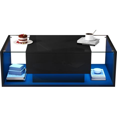 Table basse avec 1 tiroir et bande LED – Table d'appoint en verre trempé – Table de canapé haute brillance – Table de salon noire au design minimaliste