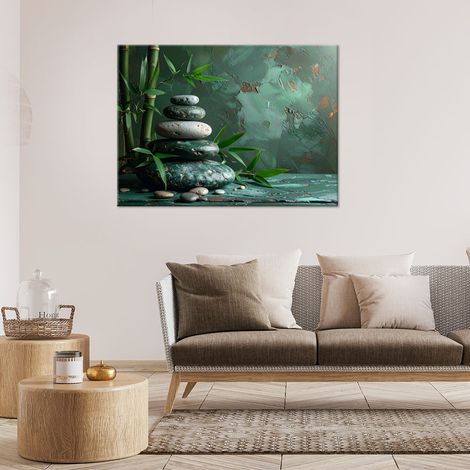 Wandbild Zen-Spa-Steine Bambusblätter grün 60x40 (1/4)