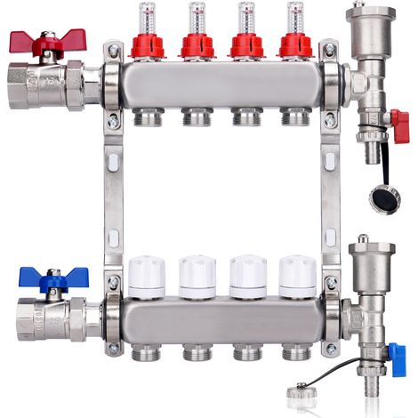 Kit Collecteur Radiateur, 4 Circuits Distributeur Chauffage, avec Vannes à Boisseau Sphérique 1", avec Purgeur Manuel et Débitmètre, Raccords pour Eurocône 3/4, Distributeur HKV