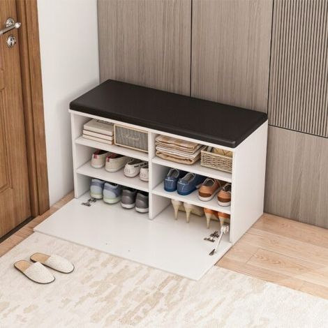 Schuhschrank weiß mit Sitzfläche und Stauraum 6 offene Regalböden