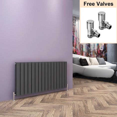 ELEGANT Anthracite Horizontal Double Flat Panel Radiator 600x1216mm Designer Radiator with Angled Radiator Valves (1/5)