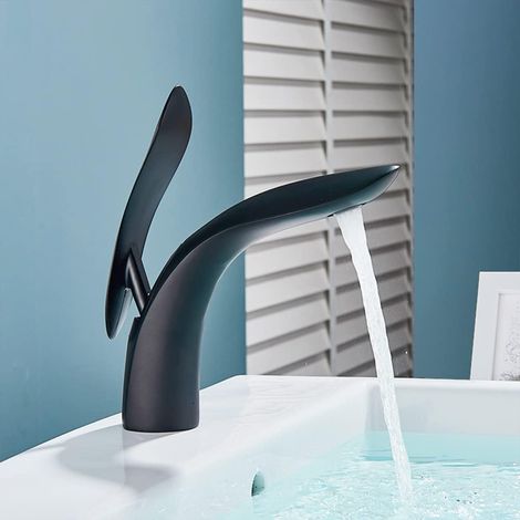 Robinet Lavabo Robinet Salle De Bain, Moderne Design Élégant Laiton Noir Mitigeur Lavabo, Eau Chaude Et Froide Disponible, Valve En Céramique (1/5)