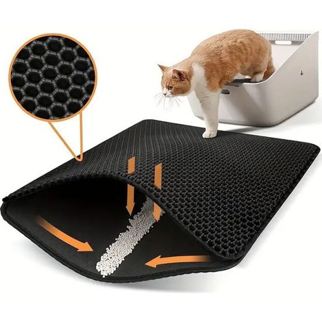 Katzenstreumatte 4050cm Katzentoilettenmatte, EVA-Waben-Doppelschicht-Design, Urin-wasserdicht, Streukontrolle, Katzenstreumatte, reduziert Abfall, leicht zu reinigen, waschbar, schwarz