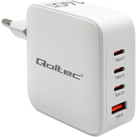 Chargeur mural Qoltec GaN 140 W 5-20 V 2,5-5 A 3 ports USB-C PD 1 port USB QC 3.0 Ordinateur portable Smartphone Blanc (1/5)