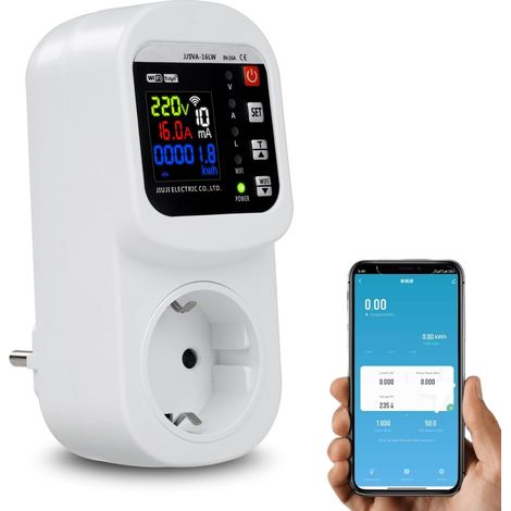 Wattmètre Prise Compteur d'Énergie WiFi Prise Consommation Electrique avec Écran LCD, Dispositif de Protection Contre Les surtensions 16A 230VAC, Contrôle APP (1/5)