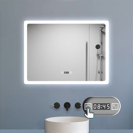 LED Badspiegel mit Uhr 3 Lichtfarbe Dimmbar Beschlagfrei Speicherfunktion Badezimmer Spiegel mit Beleuchtung CE IP44 80x60cm Horizontale Installation (1/5)