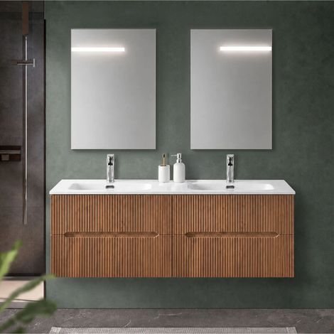 Mobile bagno sospeso 120 cm cannettato noce canaletto due cassetti e doppia vasca Bali (1/5)