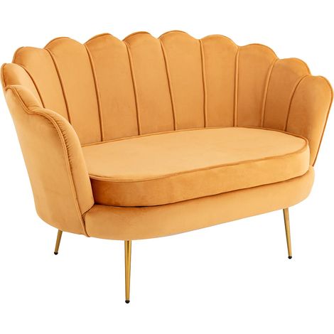 Vente-Unique – Canapé convertible 2 places coquillage en velours jaune moutarde – Structure métal – Garnissage mousse polyuréthane – Confort équilibré (1/5)