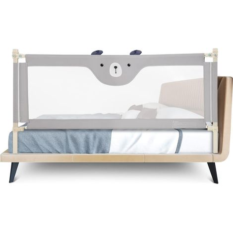 GOPLUS Barrière de Sécurité Lit Pliable-174,5×25×72,5 CM- pour Bébé 0-3 Ans, Bords Arrondis&Maille Respirante,Gris+Motif Ours (1/5)