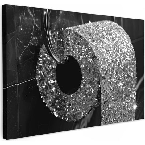 TABLEAU SUR TOILE WC - Papier hygiénique - Noir et blanc - Paillettes Decoration Murale Peinture Salon 120x80 cm