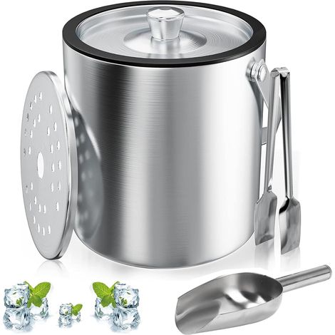 Seau à Glace, 3L Bac à Glaçons Rond Avec Passoire et Pince à Glace, Seau à Glace avec Pelle, Bac à Glaçons en Inox, Refroidisseur de Glaçons Pour Bar, Fête, Pour Conserver Glace et Refroidir Boissons (1/5)