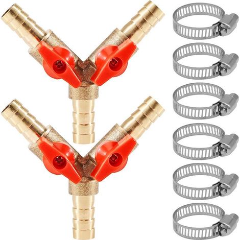 Lot de 2 raccords tuyau 3 voies en laiton avec robinet à boisseau sphérique - Valve Y pour tuyau, air, eau, gaz Vanne d'arrêt 6 colliers serrage jardin, atelier 8 mm (1/5)