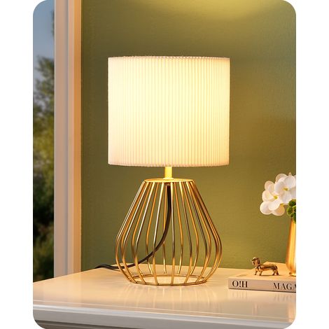 EDISHINE Nachttischlampe, Cremeweißer Plissee-Lampenschirm und Metallsockel in Tropfenform, 2700K Warmweiß, E14 Fassung inkl. 4W LED-Leuchtmittel, Tischlampe Modern für Wohnzimmer, Höhe 29 cm
