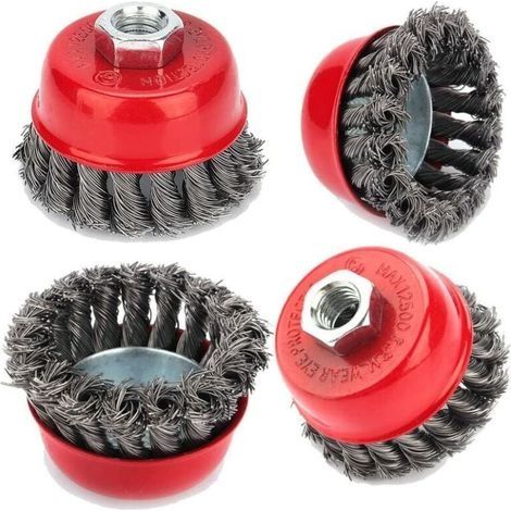 Brosse de nettoyage de fil, 4pcs M14 brosse en treillis métallique torsadé 75mm pour meuleuse d'angle débroussailleuse dérouillage corrosion vidange peinture (1/2)
