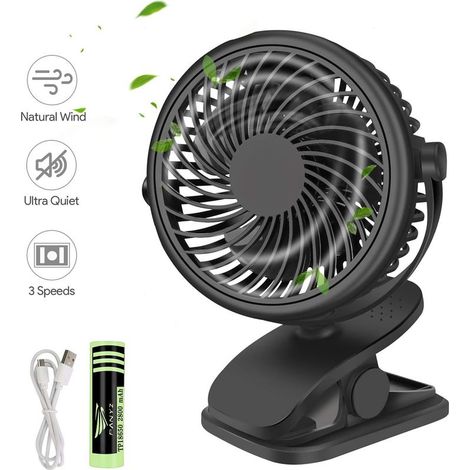 Leiser Mini-USB-Ventilator mit Clip, 3 Geschwindigkeitsstufen, 360°-Drehung, 3000-mAh-Akku, ideal für Büro, Zuhause und Reisen. (1/5)