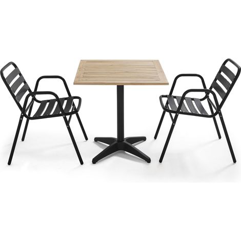 Ensemble table de jardin en bois et 2 fauteuils en aluminium gris (1/5)