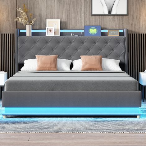 lit adulte rangement 160x200 LED USB hydraulique gris OKMYHOME (1/5)